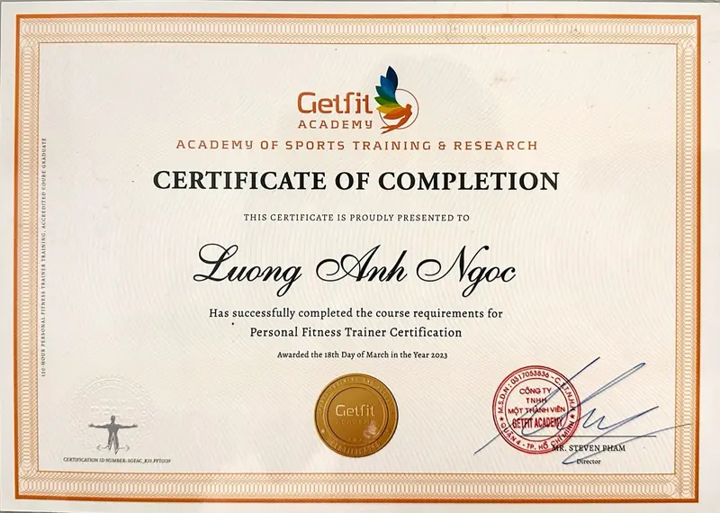 Chứng chỉ Huấn luyện viên thể hình cá nhân của Lương Ánh Ngọc do Getfit Academy cấp năm 2023