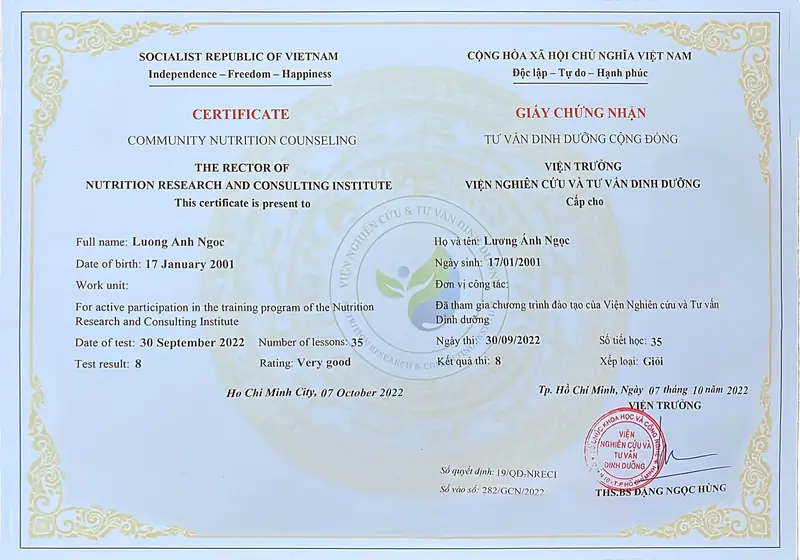 Giấy chứng nhận Tư vấn dinh dưỡng cộng đồng của Lương Ánh Ngọc, xếp loại Giỏi