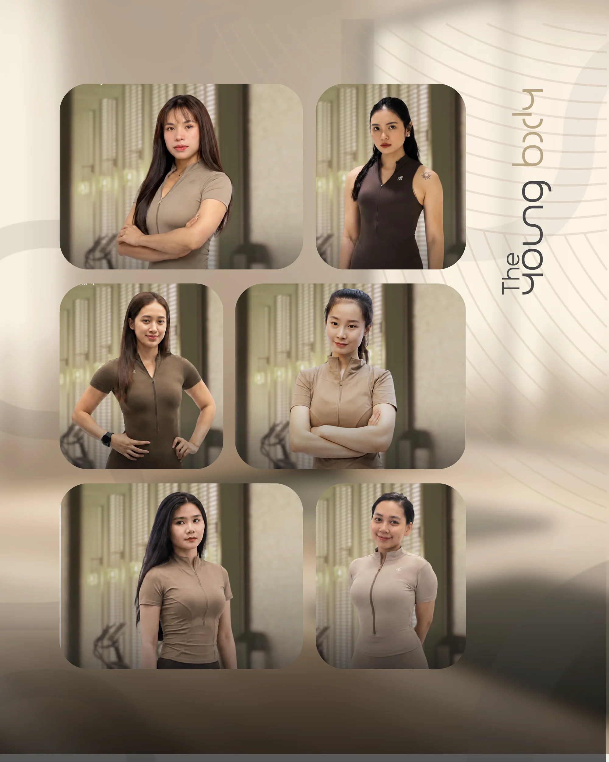 Đội ngũ huấn luyện viên The Young Body: sáu huấn luyện viên trong trang phục đồng bộ tại phòng tập.