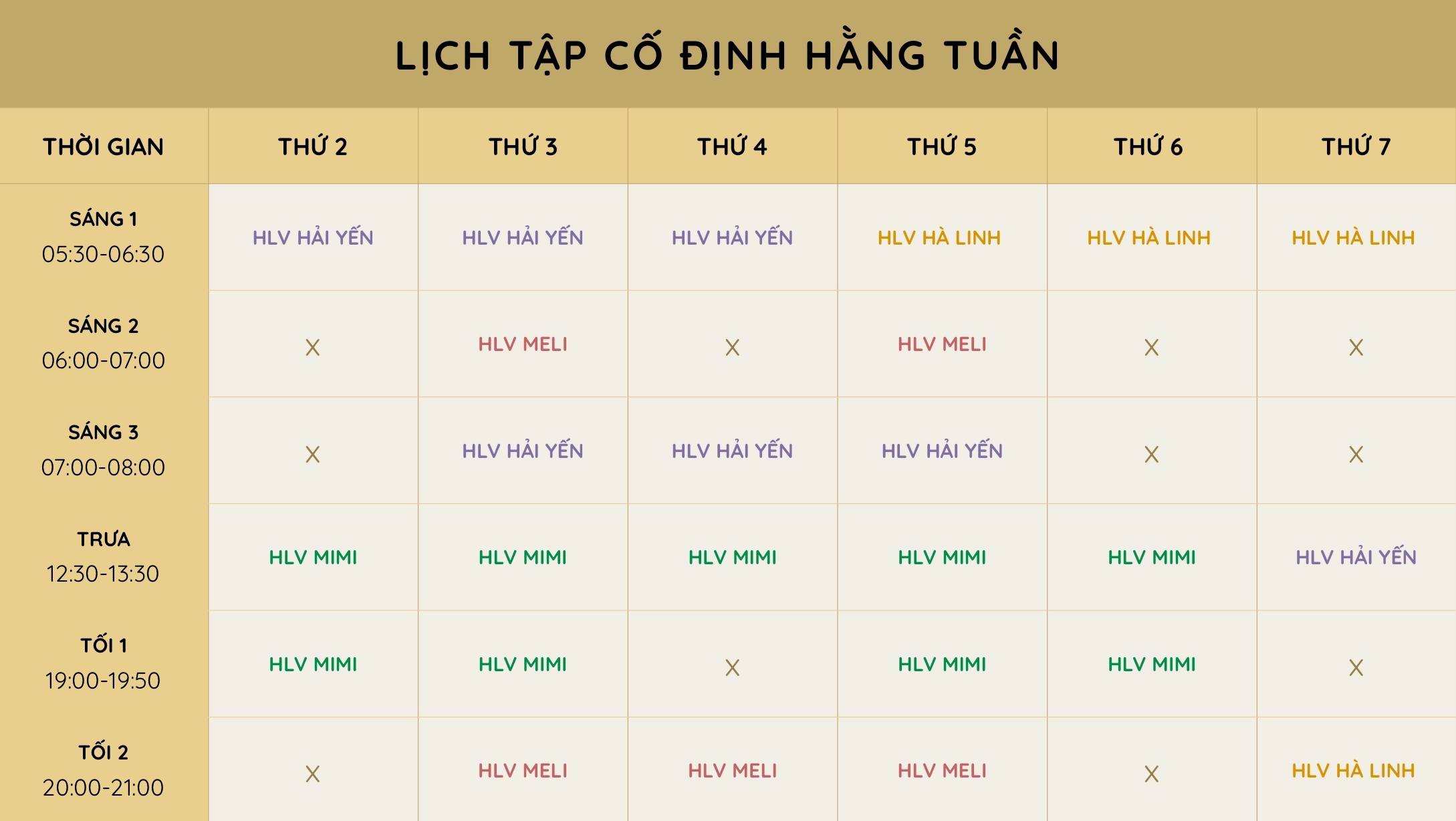 Lịch tập cố định hằng tuần của chương trình 30 ngày The Young Body