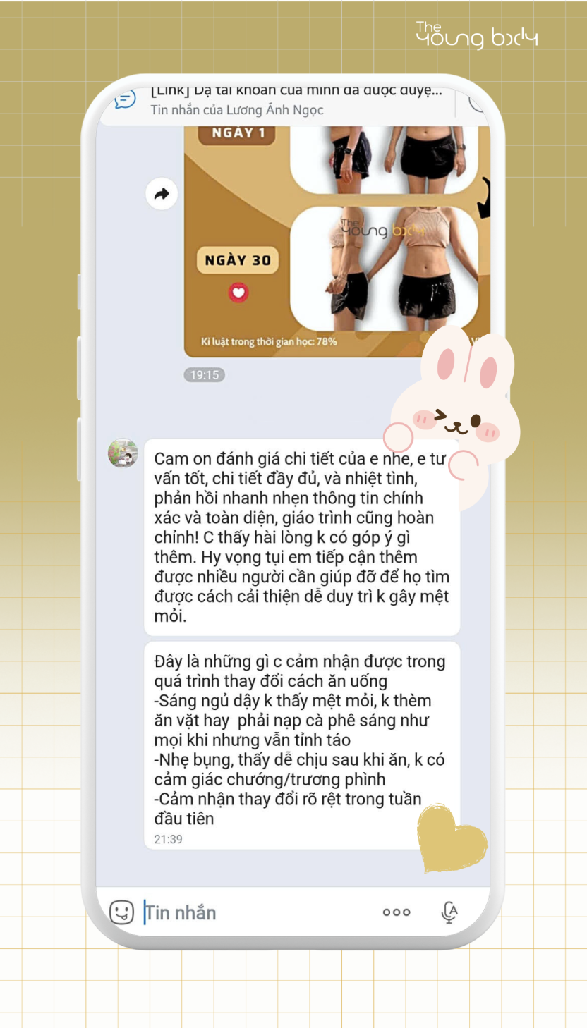 Ảnh chụp tin nhắn học viên The Young Body về việc được huấn luyện viên theo sát mỗi tuần