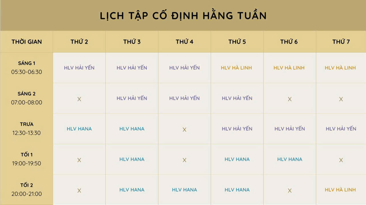 Lịch tập cố định hằng tuần của chương trình 30 ngày The Young Body